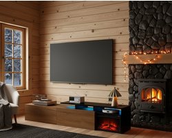TV-kast 170 cm – TasalFurniture LuxGlow Lowboard – Voor Televisies 55-75 inch – Hout/Zwart – 2 Laden, Glazen Planken, RGB LED-verlichting, Kabelmanagement – Modern Woonkamermeubel