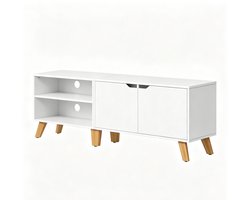 TV Kast 40x140x50 cm Wit, TV Meubel met 2 Deuren en 2 Open Vakken, Verstelbare Planken, Opbergkast voor TV tot 65 Inch, Houten TV Dressoir voor Woonkamer, Slaapkamer en Eetkamer