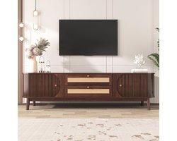 Tv-kast hout - Tv-tafel lowboard - Opbergen woonkamer - Rotan deuren - 170x39.5x46 cm - Houtkleur