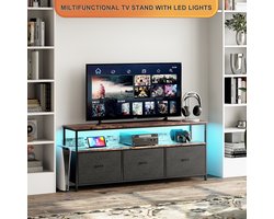 TV-kast, LED-ladenkast met 4 laden voor de slaapkamer, industriële tv-kast met laden, stoffen laden en metalen frame, houten oppervlak voor woonkamer, kinderkamer, gang, rustiek, zwart, 137x29,8x57cm