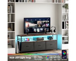 TV-kast, LED-ladenkast met 4 laden voor de slaapkamer, industriële tv-kast met laden, stoffen laden en metalen frame, houten oppervlak voor woonkamer, kinderkamer, gang, rustiek, zwart, 108x29,8x57cm