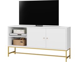 Tv-kast, Lowboard, Televisiekast met 2 Deuren, van Hout en Metaal, 120 x 60,3 x 30 cm, Wit en Goud