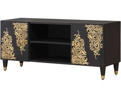 Tv-kast Massief Hout - Lowboard Meubel - Woonkamer Inrichten - Messing Accenten - 105 cm Breed - Zwart