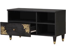TV-kast massief hout - Lowboard meubel - Woonkamer opbergen - Messing poten details - 80 cm breed - Zwart