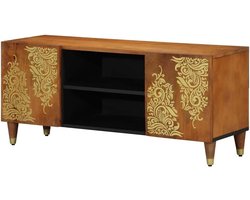 Tv-kast Massief Hout - Tv-meubel Kast - Opbergen Media - Klapdeuren Messing Handgrepen - 105x33x46 cm - Honingbruin