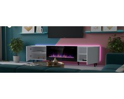 TV-kast met elektrische haard TasalFurniture Pafos Lux – 180x42x49 cm – Modern Lowboard met 2 Deuren & 2 Lades – Wit – Tv-meubel met realistisch vlameffect – Elegant design voor woonkamer