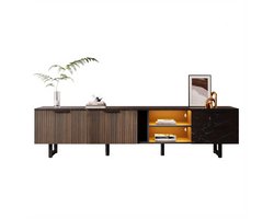 TV-kast – Meubel – Entertainmentkast – Woonkamerkast – TV-meubel – 200 cm – Zwart Marmer – Donker Houtnerf – 2 Deuren – 2 Lades