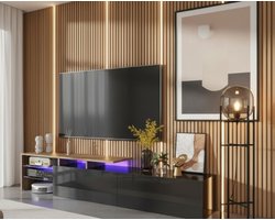 TV-kast modern TasalFurniture Luxora – Lowboard voor 55-75 inch tv – 170 cm lang – TV-meubel met 2 laden, glazen planken, LED-verlichting 16 kleuren – Zwart & Houtkleur – Woonkamer, Slaapkamer, Eetkamer