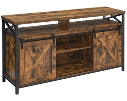 TV-kast Opbergkast geschikt voor een 65-inch tv, met verstelbare plank, 2 schuifdeuren en 3 open opbergvakken, stevig en duurzaam metalen frame, 40 x 147 x 76 cm, bruin + zwart.