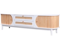 TV-kast - TV-meubel van natuurlijk houtcomposiet met deuren en lades. TV-standaard met rotan zijkanten. Opslagoplossing, natuurlijke landhuisstijl- wit