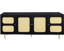 TV-kast Zwart-bruin TV-meubel woonkamer 180x40x60 cm retro tv dressoir met rotan look en metalen poten