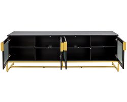 TV-kast Zwart-goud 180x40x60 cm Modern Luxe TV-meubel met Glazen Deuren en Metalen Poten voor Woonkamer