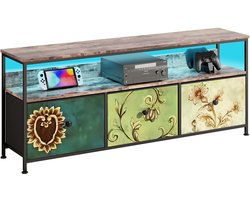 TV-meubel 108 cm – Tijgerhout Decor met 3 Gekleurde Stoffen Lades, Moderne TV-kast met Opbergruimte
