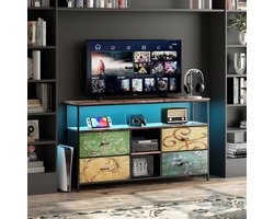 TV-meubel 108 cm – Tijgerhout Decor met 4 Gekleurde Stoffen Lades, Moderne TV-kast met Opbergruimte