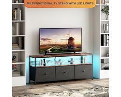 Tv meubel 108x30x57 cm, modern tv kast met led verlichting, 3 zwarte stoffen lades, metalen frame en houtlook blad, verstelbare poten, zwart