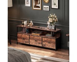 Tv meubel 108x30x57 cm, moderne tv kast met led verlichting, 3 lades, metalen frame en donker houtlook blad, woonkamer meubel