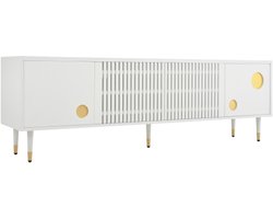 TV-meubel, 120 × 40 × 45 cm, wit/goud, massief hout, voor woonkamer, met roosterstructuur, verborgen handgrepen, 2 deuren, modern design