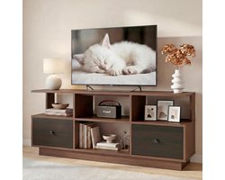 TV-meubel 120 cm breed – Walnoot TV-dressoir met 2 laden, 4 open vakken, USB-poorten en stopcontacten – Voor TV tot 55 inch – Moderne landelijke stijl – Compacte tv-kast voor woonkamer, gamingruimte en slaapkamer – ABKantoor