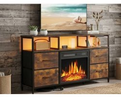 TV-meubel 124x29,8x74 cm – TV-kast met elektrische open haard en 3D vlameffect, lowboard voor 55 inch televisie met 4 laden en open planken – Modern televisiemeubel woonkamer en slaapkamer – Bruin | Yesdeals