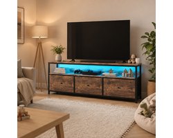 TV-meubel 137 cm met LED Verlichting, Vintage Houtlook, 4 Stoffen Laden & IJzeren Frame voor Woonkamer