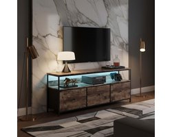 TV Meubel 137cm met LED Verlichting & 3 Stoffen Lades - ADFBL - Industriële Mediatafel - Smal Dressoir met Verstelbare Poten - Houtkleur