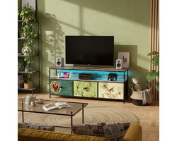 TV Meubel 137cm met LED Verlichting & 3 Stoffen Lades (Bloemenprint) - ADFBL - Industriële Mediatafel - Smal Dressoir met Verstelbare Poten - Retro kleur