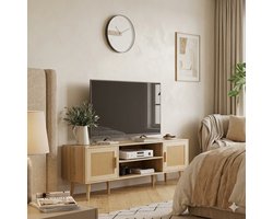 TV Meubel 137x38x48 cm – Modern Lowboard met 2 Deuren en Open Opbergruimte, Geschikt voor 55-65 Inch TV, Stabiel MDF Design met Schuine Poten en Gouden Handgrepen, Nussbaum – Urbanhome