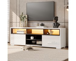 TV-Meubel - 150 x 35 x 50 cm - 8 Opbergvakken en 2 Deuren met LED - Hoogglans Spaanplaat - Wit