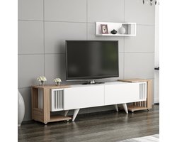 TV meubel - 150x32x41 cm - Eiken & Wit - Inclusief wandplank en 2 bijzettafels