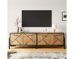 TV Meubel 153 cm – Geometrisch Design – Houtkleur & Zwart – 4 Deuren – Geschikt tot 65 inch – MDF Lowboard – Metalen Poten