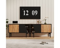 TV meubel 160 cm - lowboard voor 65 inch - 4 opbergvakken - extra stabiel met 7 steunpoten - houtlook naturel zwart