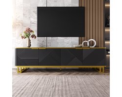 TV Meubel 160 cm, Met Geometrisch 3D Patroon, 4 Deuren, Laag Design, Zwart met Gouden Accenten, 160x37.5x48 cm