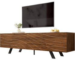 TV-Meubel- 160 x 39 x 50,5 cm - Walnoot-Look, Zwarte IJzeren Poten, Kabelbeheer - Veel Opbergruimte - MDF - Walnoot, Zwart