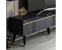 TV meubel 160x32x48 cm, modern design, 3 deuren, anthracit / marmer effect, robuuste constructie, multifunctioneel, eenvoudige montage - Industrohome