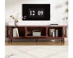 TV Meubel 165 cm - Walnoot - Ovaal met Lattenstructuur - Houten TV Kast met Deuren & Gouden Handgrepen - Japandi / Retro
