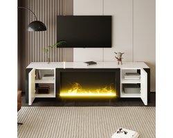 TV-meubel 165 x 32 x 55 cm in wit met zwarte accenten en elektrische openhaard, hoogglans front, push-to-open deuren & 2 centrale steunpoten – geschikt voor tv's tot 59 inch