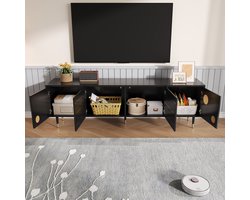 TV-meubel 170 x 36 x 54 cm - tv-meubel met een gridstructuur - verborgen handgrepen - gouden decoratie - twee deuren - zwart