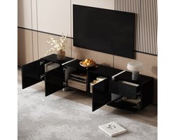 TV-meubel 170x30x39cm - lage kast - gladde zwarte kast - witte poten - met deuren en lades - met LED-verlichting
