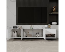 TV-meubel 170x30x39cm - lage kast - met LED-verlichting - witte hoogglans kast en zwarte tafelpoten - met deuren en lades