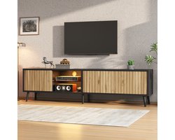 TV Meubel 175 cm – LED Verlichting – Houtkleur + Zwart – Geschikt tot 75 inch – 3 Deuren & Glasplanken – Met 6 Metalen Poten – Modern Lowboard