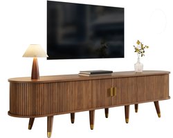 TV-meubel 175 cm met Rattan-schuifdeur Walnootlook - Veel Opbergruimte - Landelijke Stijl - Open Vakken - Lades - Natuurlijk Design - Gouden Details