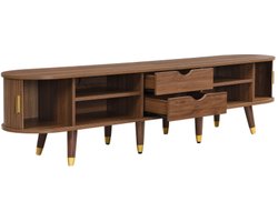 TV-meubel 175 cm met rotan schuifdeur, walnootlook & veel opbergruimte – landelijke tv-tafel met open vakken, lades & kast