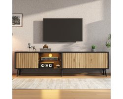 TV-Meubel - 175 x 31 x 43,5 cm - met LED en 3 Opbergkasten - Gehard Glas - Naturel/Zwart
