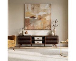 TV Meubel 175x50x38 cm – Scandinavisch Lowboard met Schuifdeuren & Verstelbare Planken voor TV tot 75 Inch – Massief Houten TV Kast Walnoot – HomebyNicole