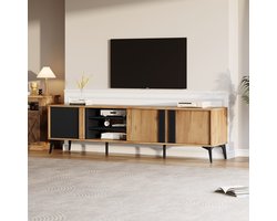 TV meubel 180 cm - lowboard voor grote tv - 3 deuren en 4 open vakken - kabelmanagement - krasbestendige houtlook - rustiek bruin zwart