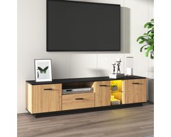 TV-Meubel 180 cm – TV-Kast met Lade, 3 Deuren & 2 Open Vakken met Glas – Zwart & Houtkleur – LED Verlichting met 15 Kleuren – TV-Board / Lowboard voor Woonkamer