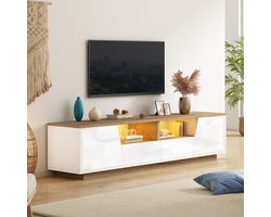 TV-Meubel - 180 x 40 x 46 cm - Hoogglans Lowboard met LED, 2 Laden en 2 Deuren - MDF - Wit/Hout