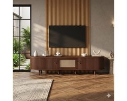 TV Meubel 180x40x40 cm – Vintage Houten TV Kast met Rotan Design, Schuifdeuren en Lades, Lage TV Kast met Verstelbare Poten, Donker Walnoot / Oak Brown – Urbanhome
