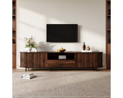 Tv-meubel 180x40x50 cm - Schuifdeuren - Inclusief lade - Open opbergvakken - Retro groefdesign - Voor 75-inch tv - Zwarte metalen poten