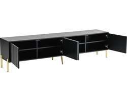 TV Meubel 190 cm Zwart, Met Gouden Poten en Verticale Groeven, 4 Deuren met 8 Verstelbare Planken, Demping Scharnieren, Robusta